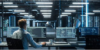 An image of an enterprise network with male at desk looking a computer screen facing data center