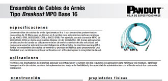 A screenshot of the Base-16 MPO Breakout Harness Cable Assemblies spec sheet.)