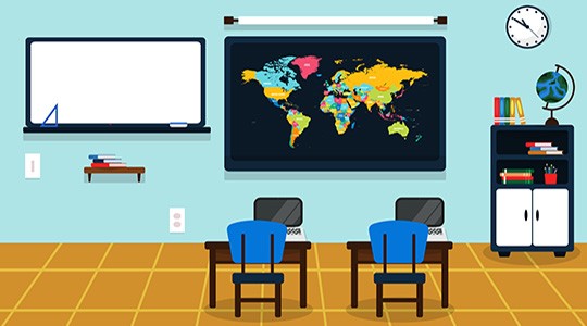 rendering of a school classroom with an AV monitor, white board, and student desks with laptop computers
