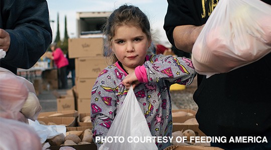 Little girl holding bag with food with boxes and behind her