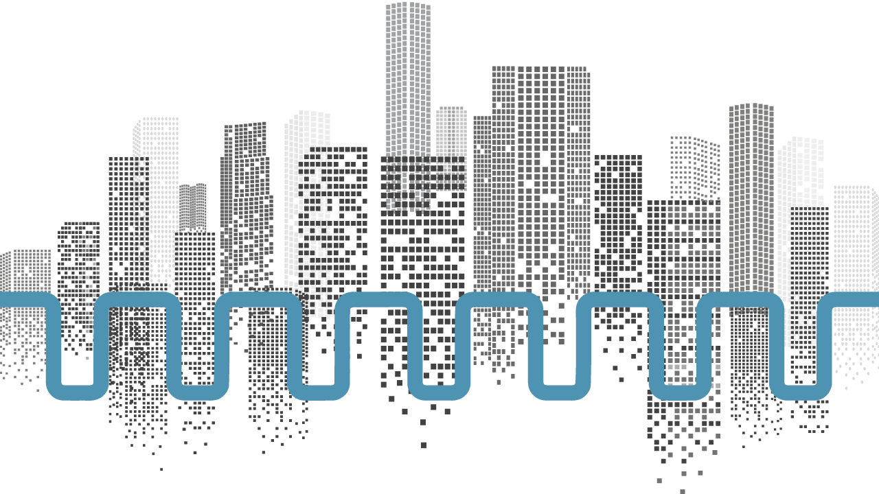 Cityscape illustration created with dots with pulsed power drawing overlaid