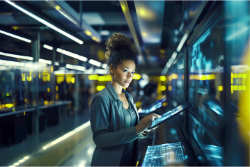 Woman with iPad with data center behind her