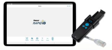 RapidID scanner, iPad screen with RapidID logo, and barcode on patch cord cable.
