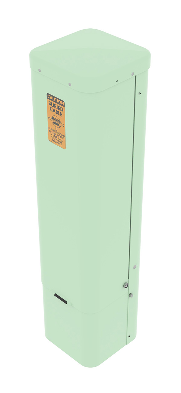 A green metal pedestal for fiber optic terminations, with an orange safety sticker
