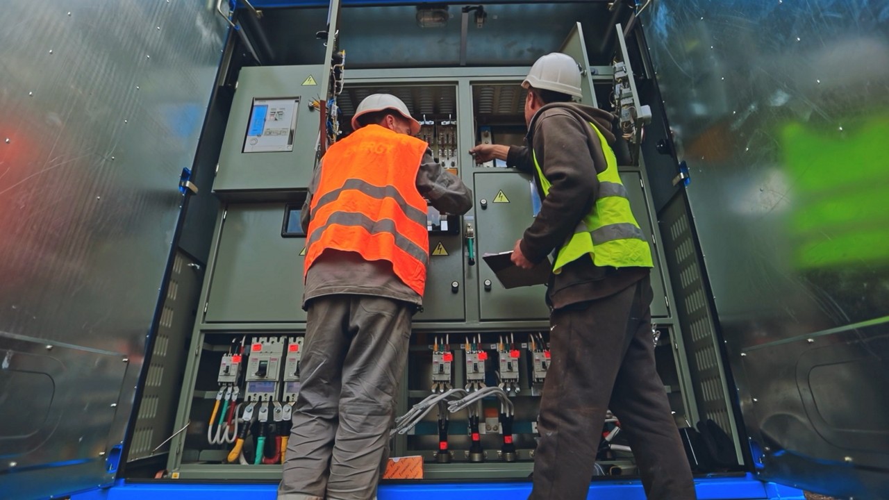 Men in orange and green vests with white helmets in a control panel electrical facility