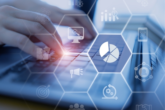 Business planning tools shown across a 3D screen