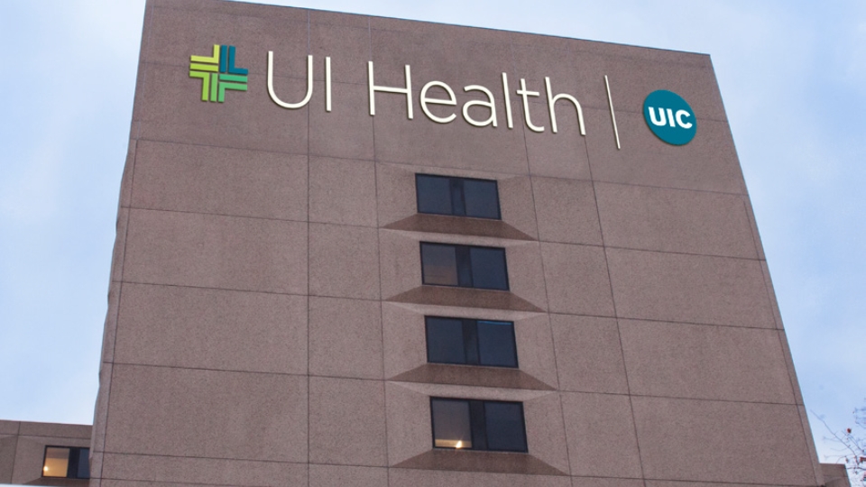UI Health hospital shown with blue skies in the background