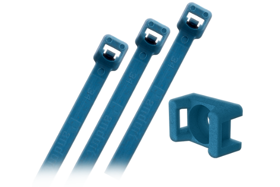  Three blue plastic clips and a holder, designed for Panduit antimicrobial cable ties and mount, neatly arranged together.