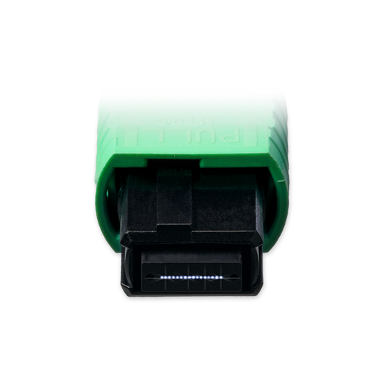 A blue and black Base-8 connector on a black background.  Front view of Base-16 fiber cable on a blue background