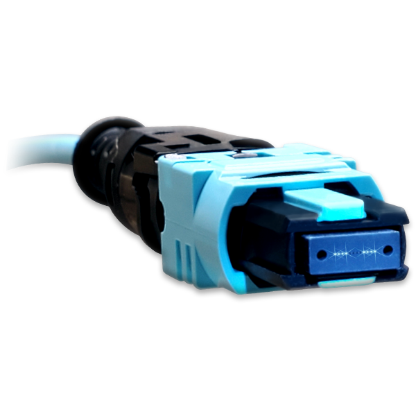 A blue and black Base-8 connector on a black background.  Rectangle cable entry system with terminated cable coming out of the side on a control panel
