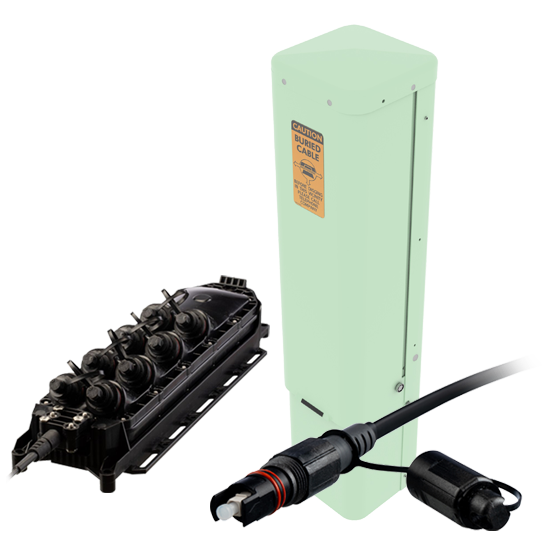 Broadband Fiber to the Home product offering: Pedestal, MST, and Fiber Drop Cable