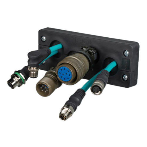 Rectangle cable entry system with terminated cable coming out of the side on a control panel