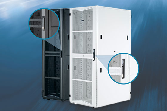 Two Panduit FlexFusion cabinets with the security handle accentuated.