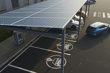 Solar carport with rows of electric vehicle chargers charging EVs underneath