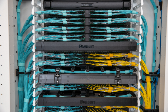 A close-up of blue and yellow fiber optic cable in server room