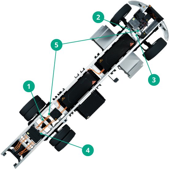 Commercial electric vehicles in a row plugged into EV charger stations