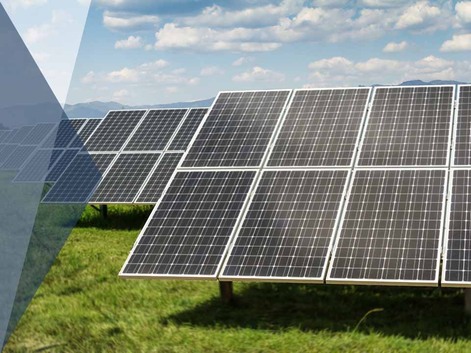 Solar panel array in a grassy field