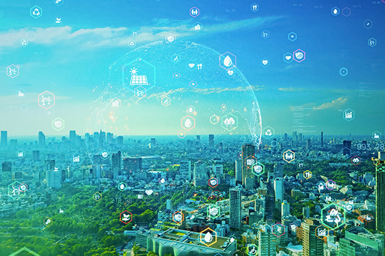 A cityscape in blues and greens with icons representing various environmental interests